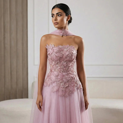Luxury Pink 3D Floral Strapless Tulle Cape Evening Dress with Scarf SS239