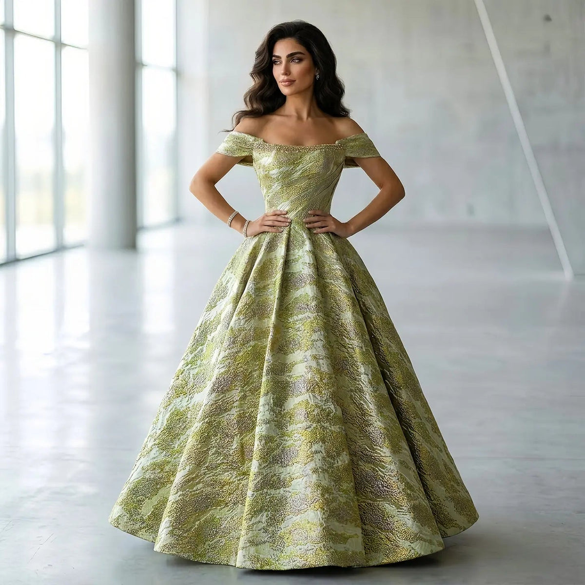 Luxury Gold Jacquard Off-the-Shoulder Ball Gown Satin Evening Dress SS742