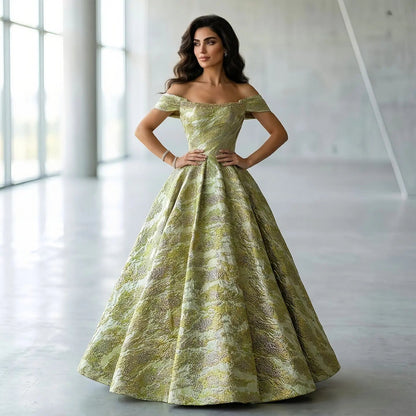 Luxury Gold Jacquard Off-the-Shoulder Ball Gown Satin Evening Dress SS742