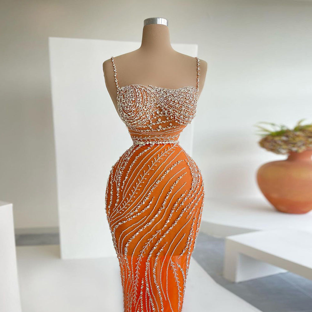 Luxury Beaded Orange Spaghetti Straps Mermaid Evening Dresses SS351