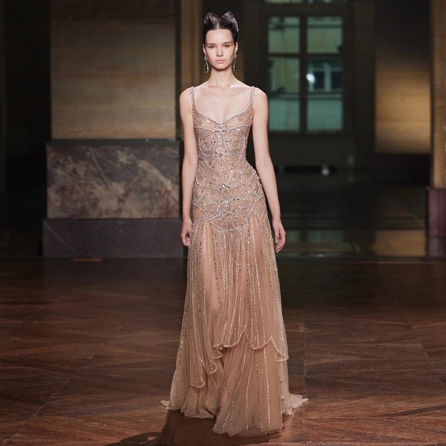 Elegant Champagne Ruffled Beaded Evening Dress SS552