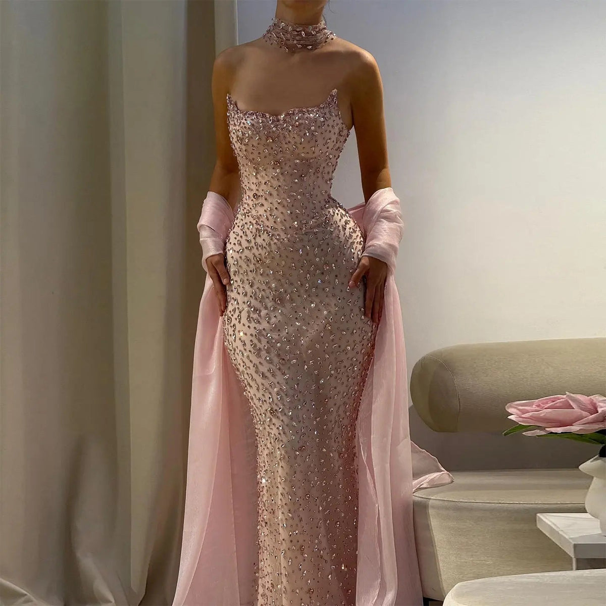 Glamorous Pink Strapless Crystal Evening Dress with Choker and Cape SS382