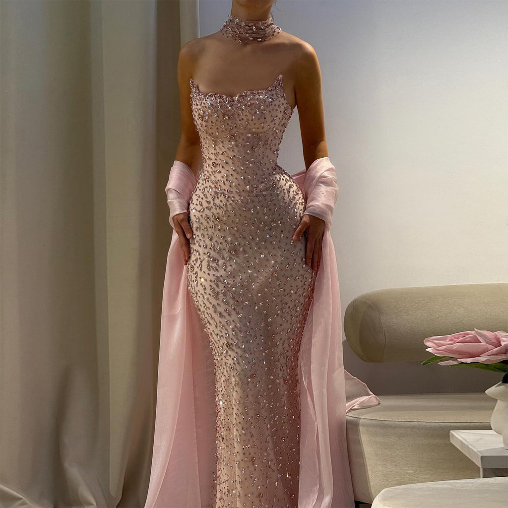 Luxury Pink Strapless Crystal Evening Dress with Cape and Choker SS382