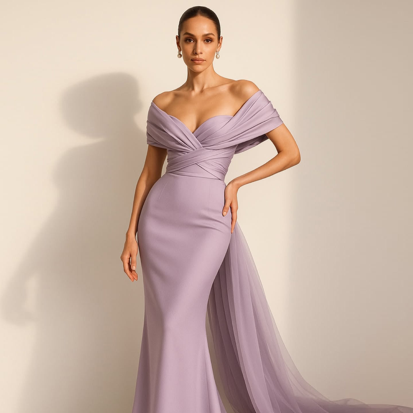 Luxury Lilac Off Shoulder Draped Evening Dress with Overskirt SF096