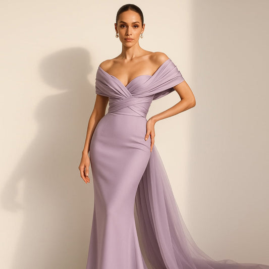 Luxury Lilac Off Shoulder Draped Evening Dress with Overskirt SF096