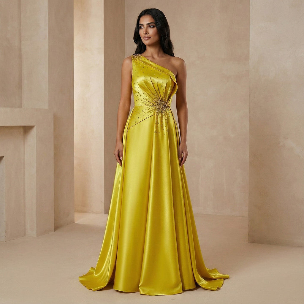 Vibrant Crystal Sequin Satin Yellow Evening Dress with Overskirt XD049