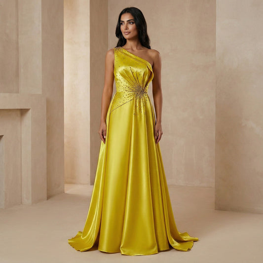 Vibrant Crystal Sequin Satin Yellow Evening Dress with Overskirt XD049