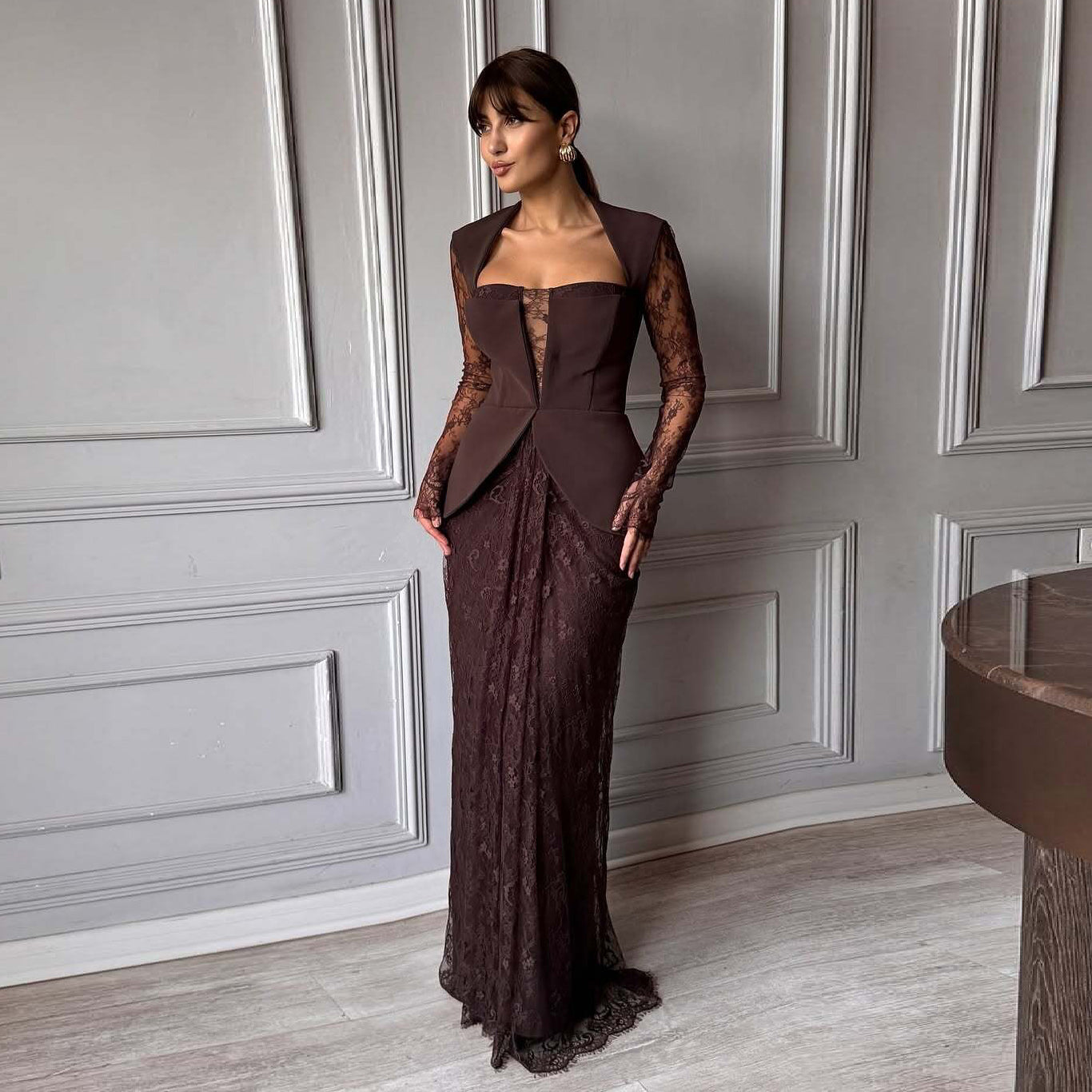Luxury Brown Lace Panel Long Sleeve Fitted Evening Dress SF447