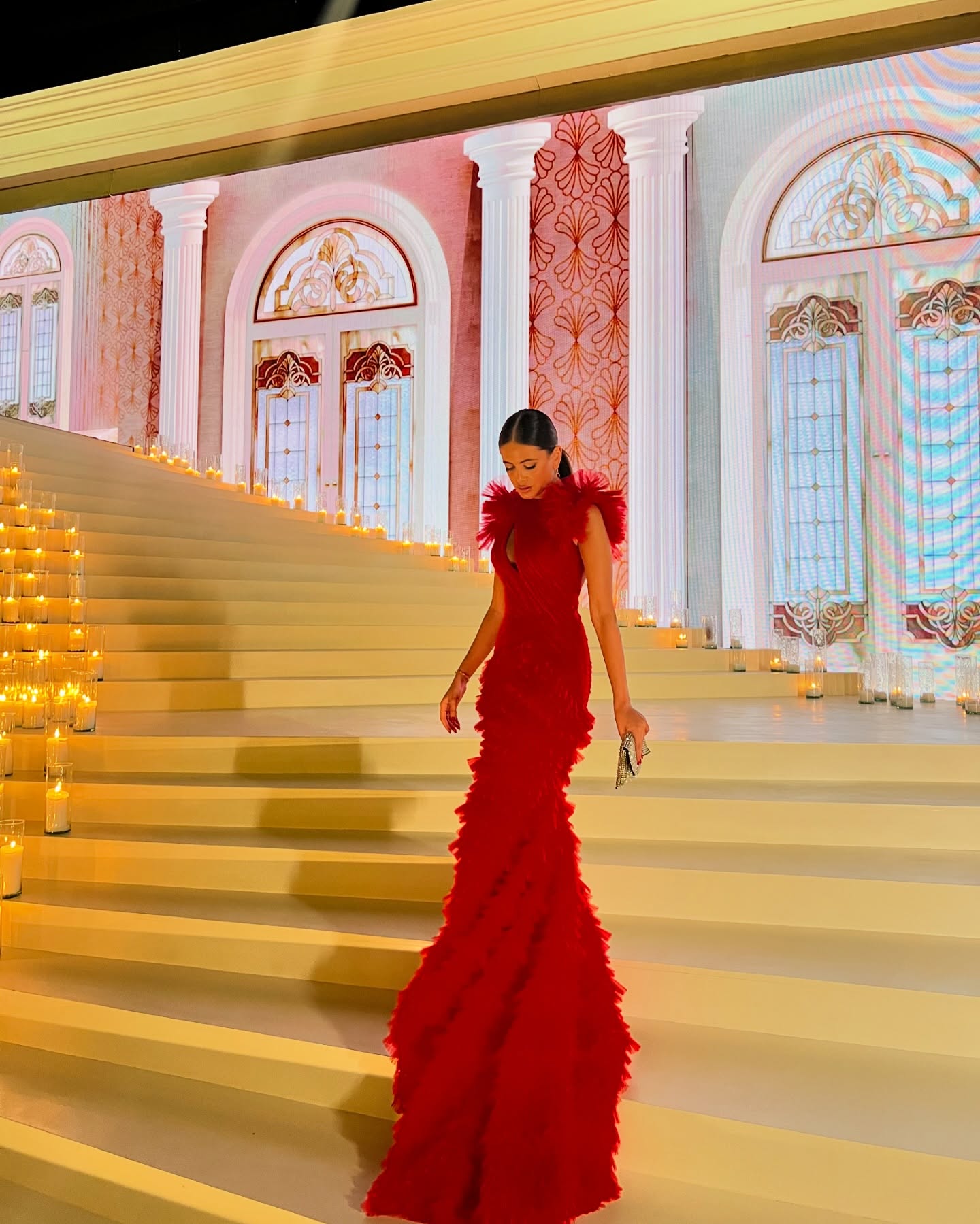 Luxury Red Ruffled Train Mermaid Evening Dress SF512