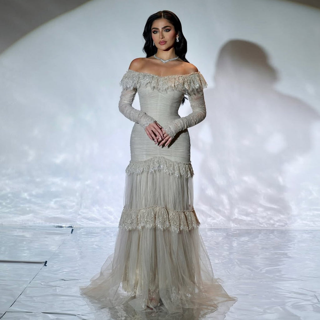 Luxury Gray Off-the-Shoulder Feather Lace Trim Evening Dress SF457
