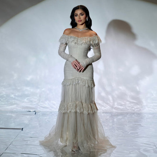 Luxury Gray Off-the-Shoulder Feather Lace Trim Evening Dress SF457
