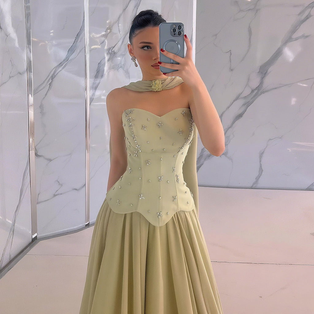 Elegant Sage Green Beaded Beaded Corset Evening Dress with Scarf SF226
