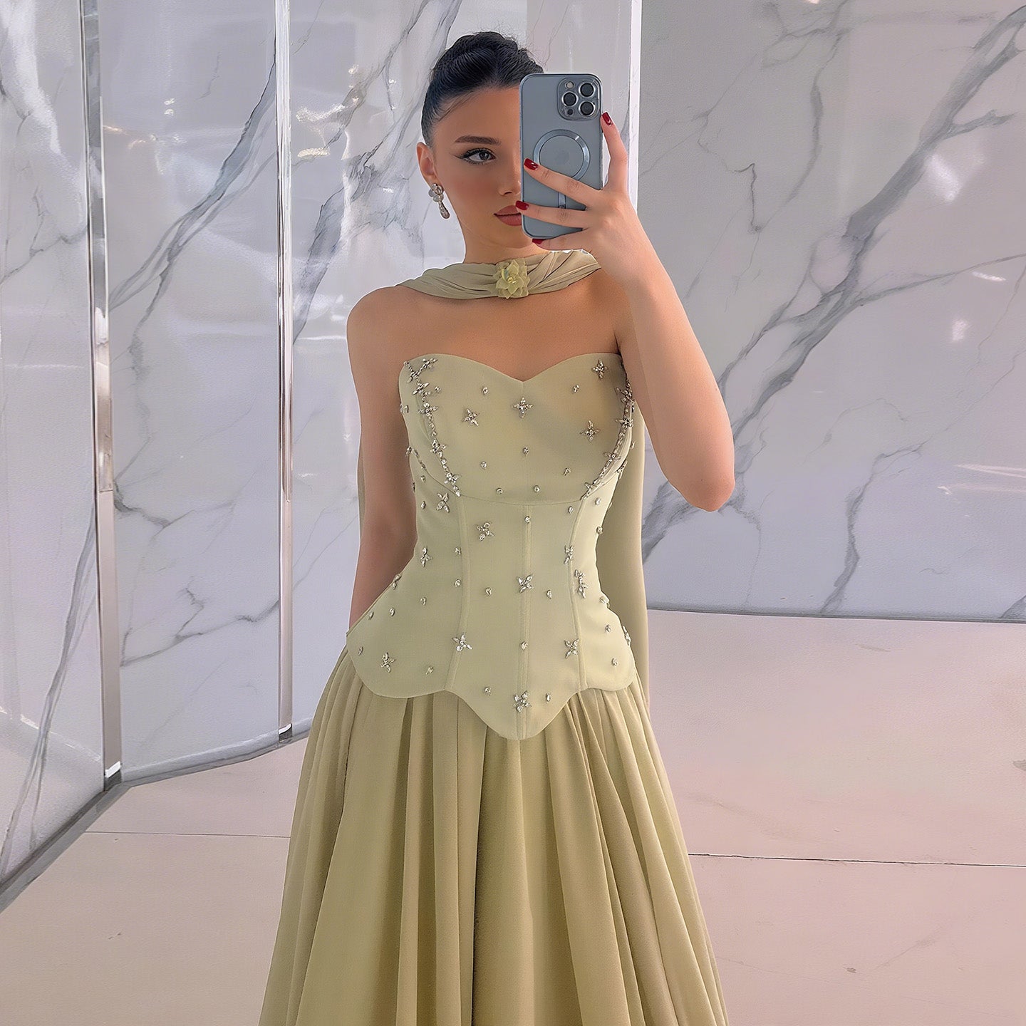 Elegant Sage Green Beaded Beaded Corset Evening Dress with Scarf SF226