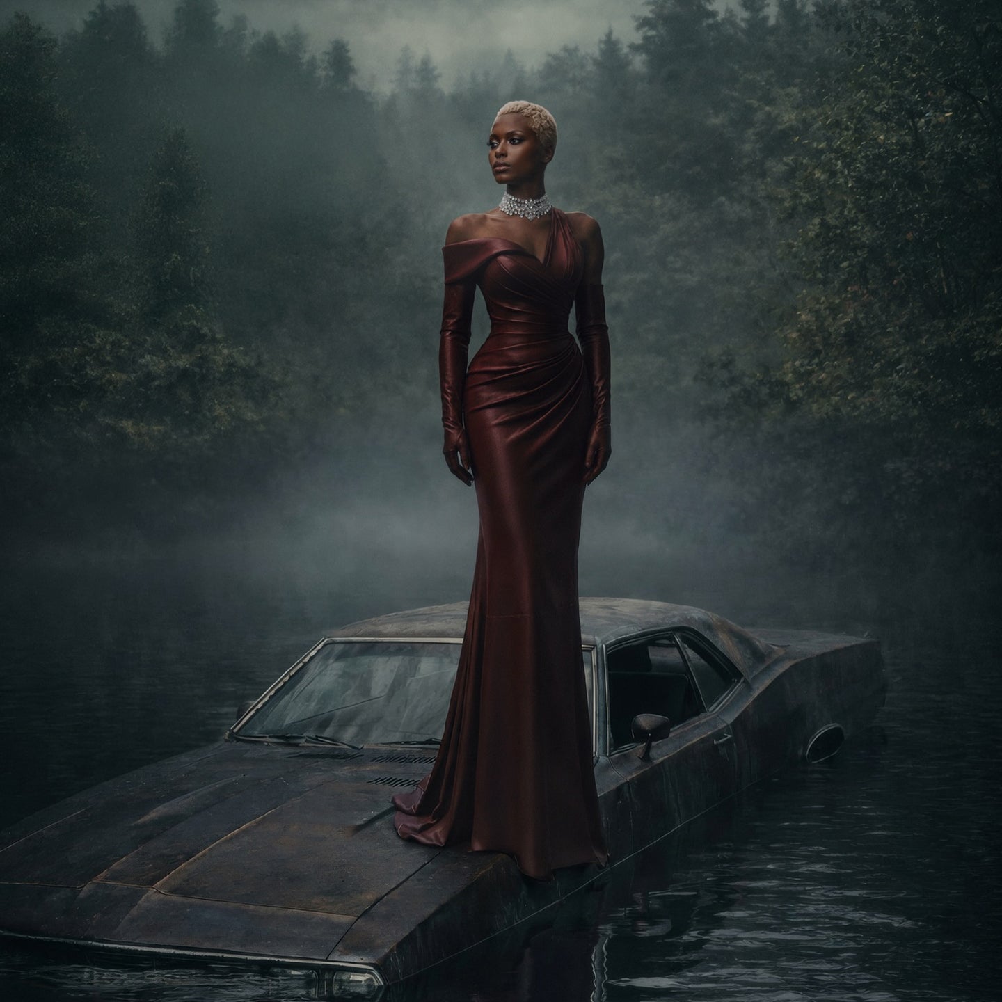 Edgy Burgundy Satin Silk Asymmetry Neck Mermaid Evening Dress SF227