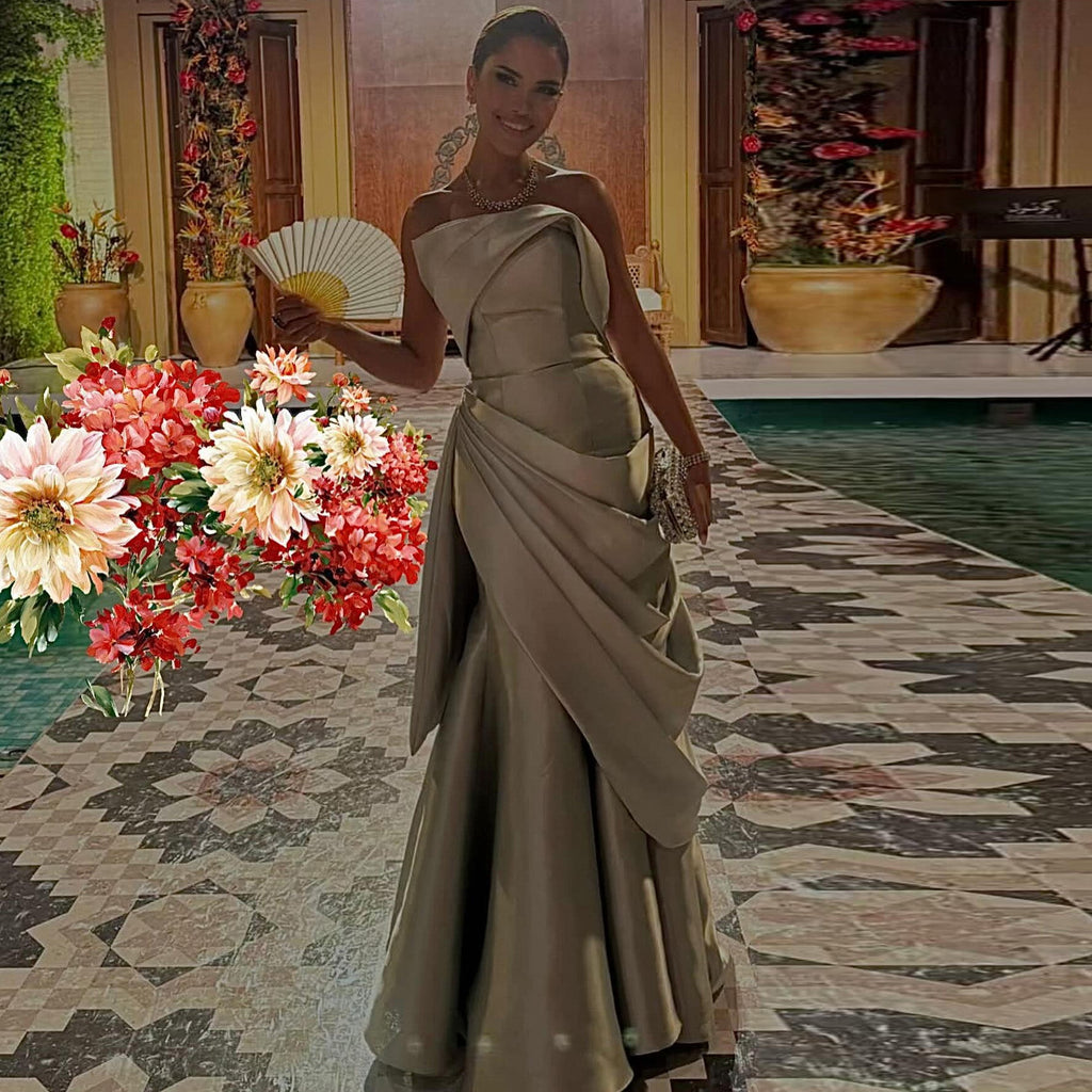 Elegant Silver Gray Strapless Pleated Evening Dress SF231