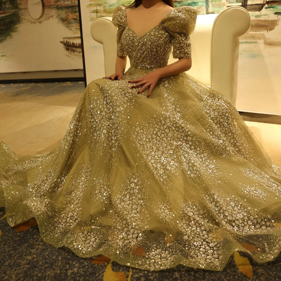 Glitter Lime Green Puffle Sleeve Evening Dress SS155