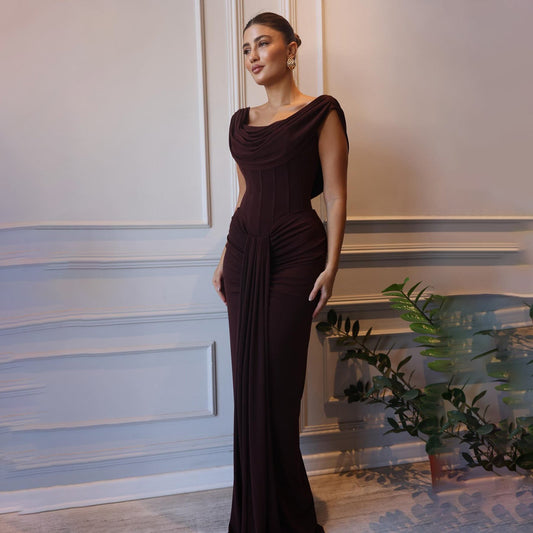 Elegant Cabernet Bataeu Draped Evening Dress SF496