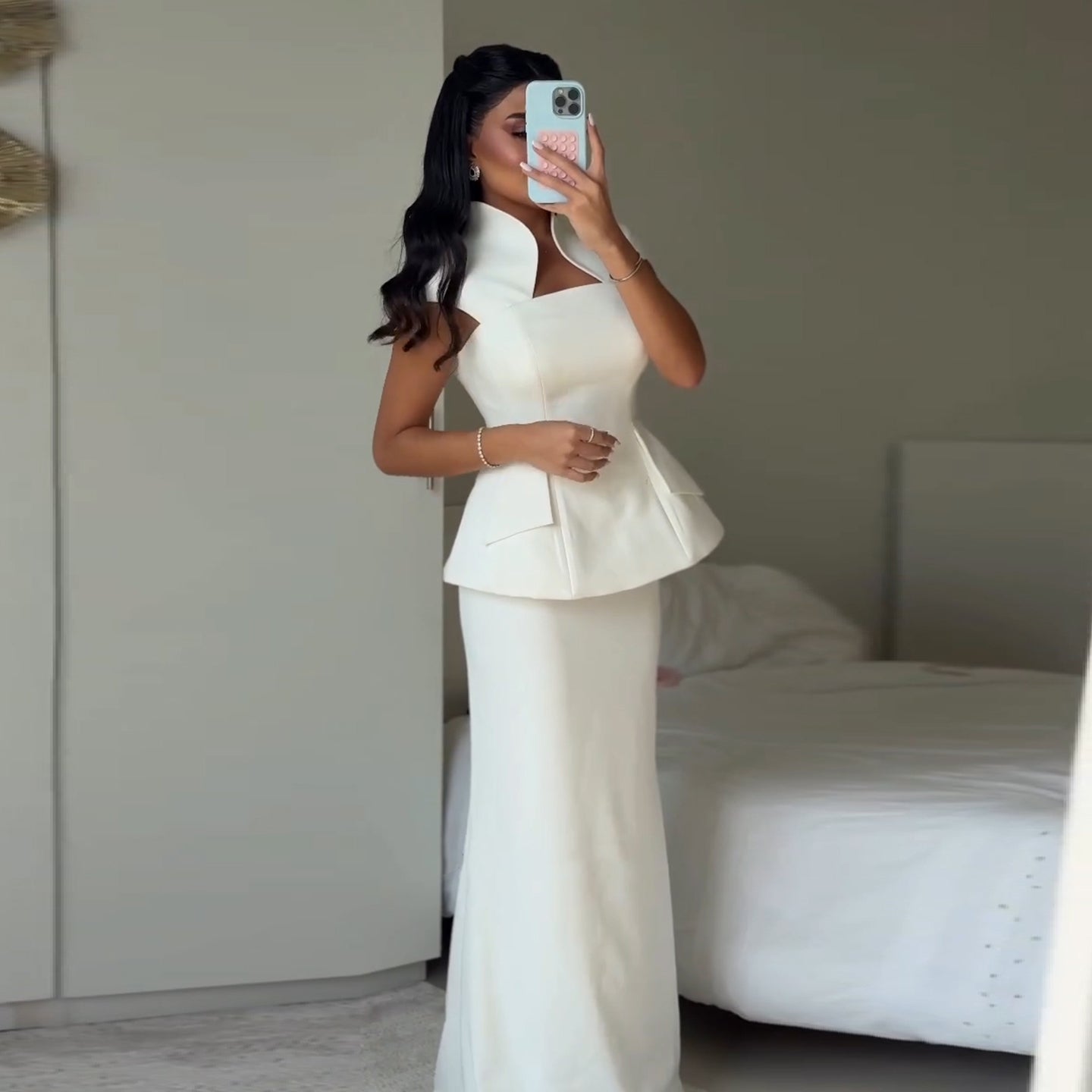 Modern White Structured Peplum Tailored Evening Dress SF207