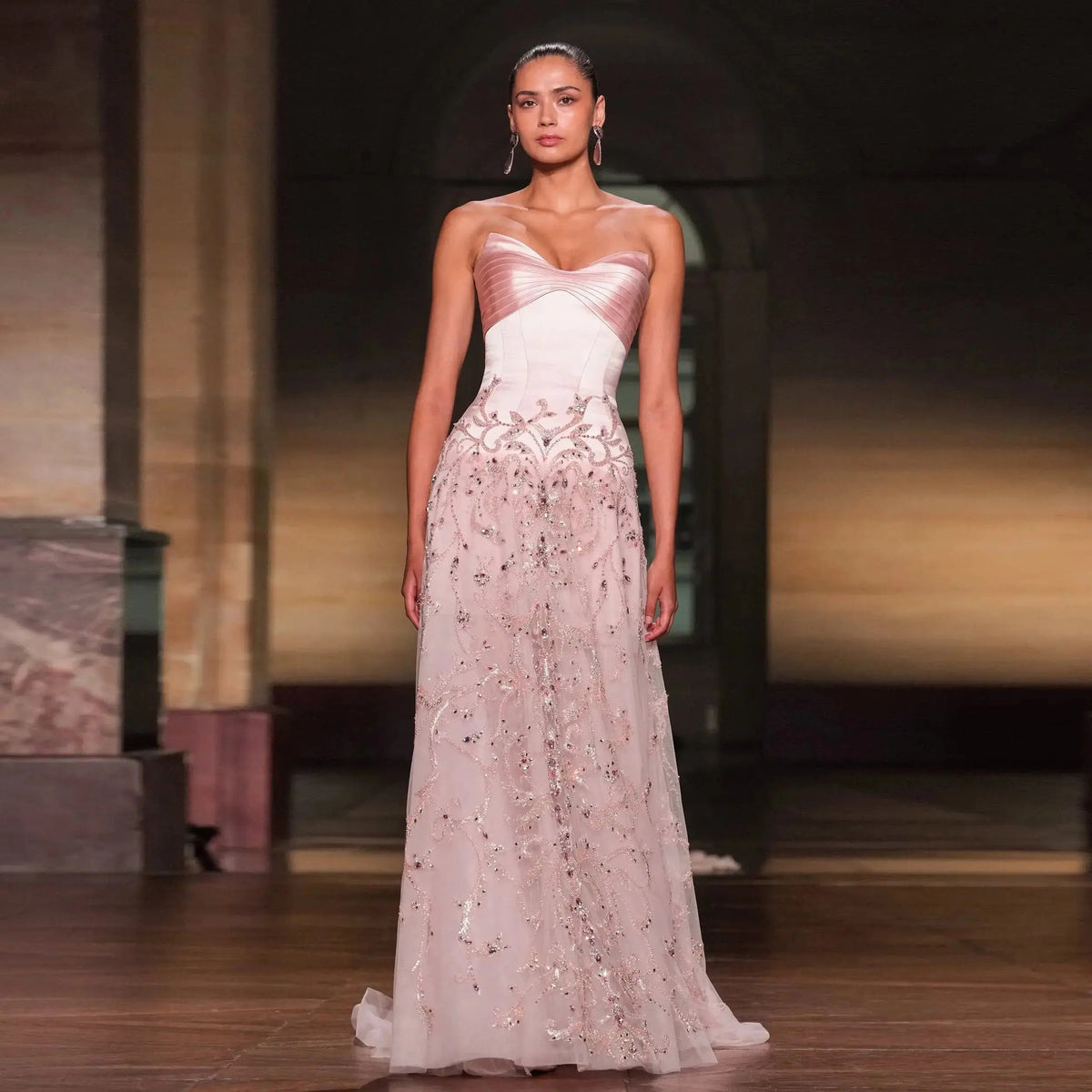 Luxury Pink Embroidered Beaded Strapless Fitted Evening Dress SS529