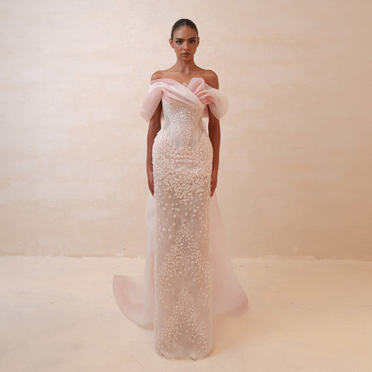 Elegant Blush Pink Draped Sequin Off-the-Shoulder Evening Dress SS519