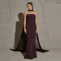 Luxury Reddish Brown Fitted Train Evening Dress with Scarf SF111