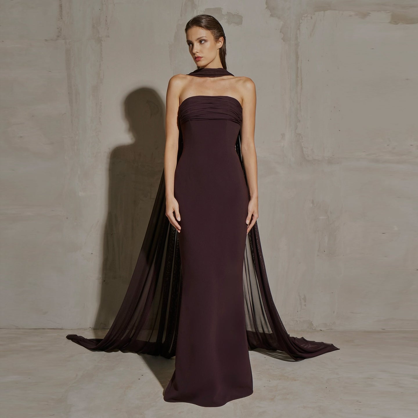 Luxury Reddish Brown Fitted Train Evening Dress with Scarf SF111