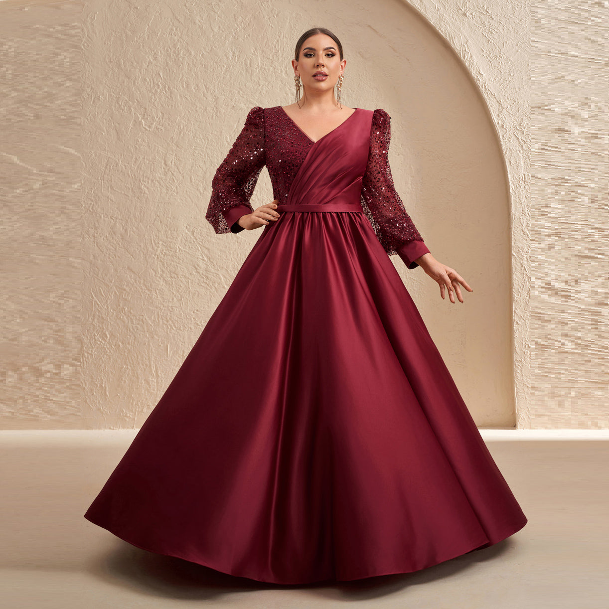 Luxury Burgundy Long-Sleeve Sequin A-Line Evening Dress SF621