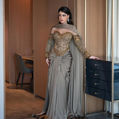 Luxury Gray Embellished Cape Fitted Evening Dress with Scarf SS564