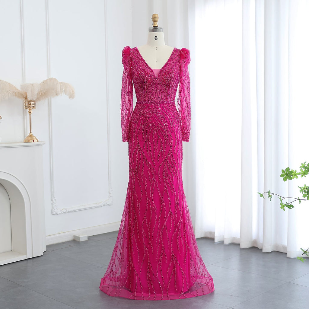 Luxury Navy Blue V-Neck Long Sleeves Mermaid Evening Dress SS099
