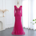 Luxury Navy Blue V-Neck Long Sleeves Mermaid Evening Dress SS099