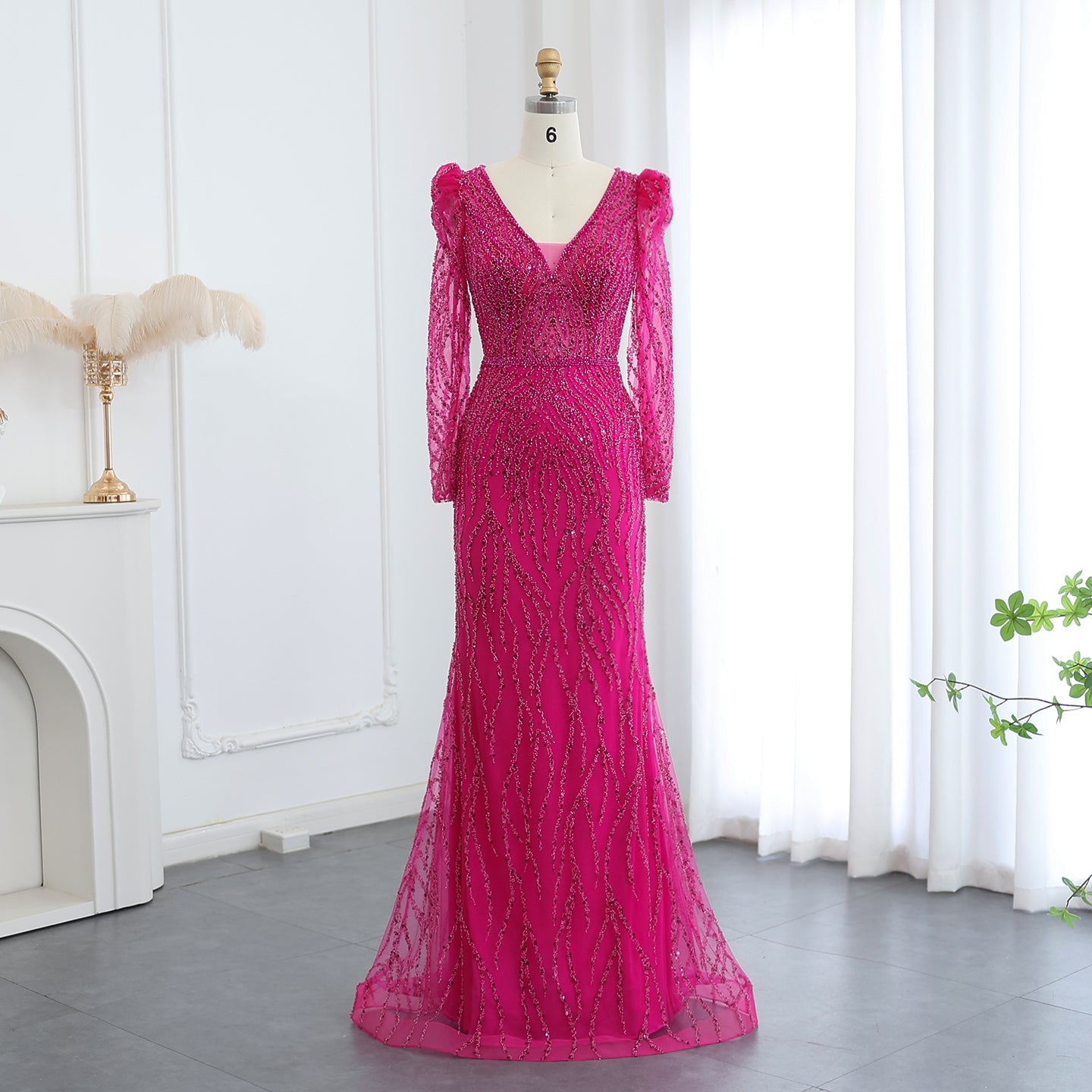 Luxury Navy Blue V-Neck Long Sleeves Mermaid Evening Dress SS099