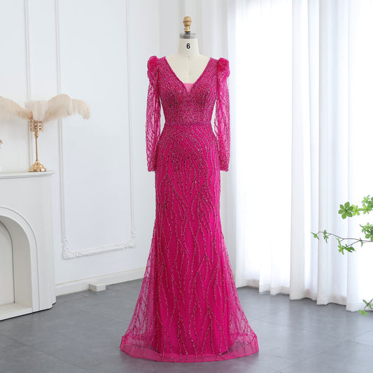Luxury Navy Blue V-Neck Long Sleeves Mermaid Evening Dress SS099