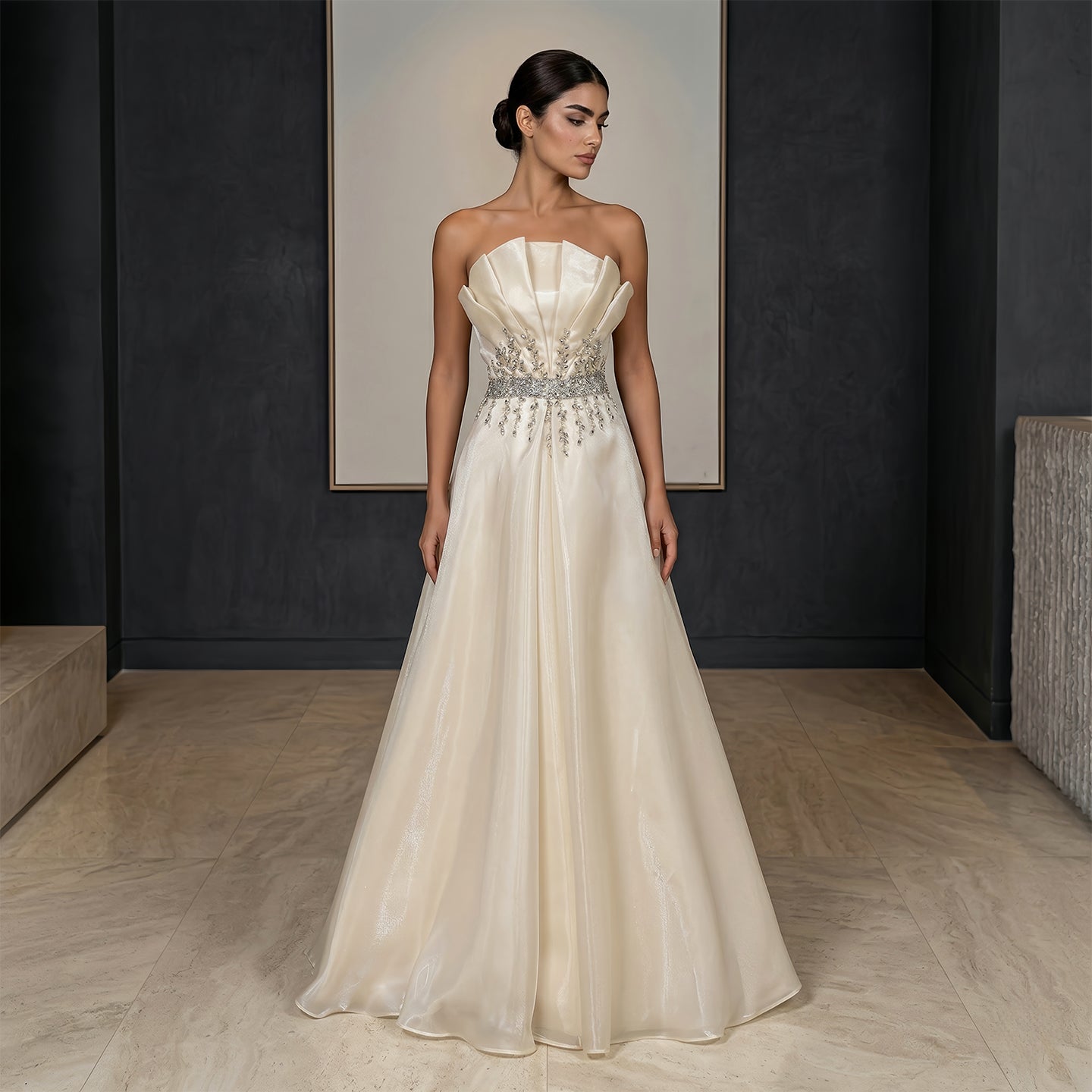 Luxury Beige Strapless Beaded A-Line Evening Dress SF509