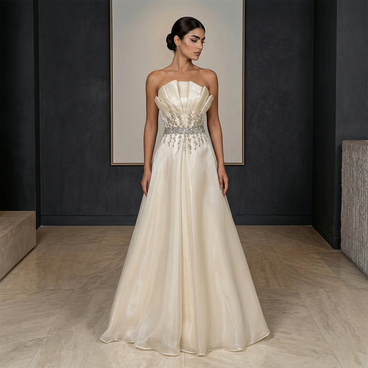 Luxury Beige Strapless Beaded A-Line Evening Dress SF509