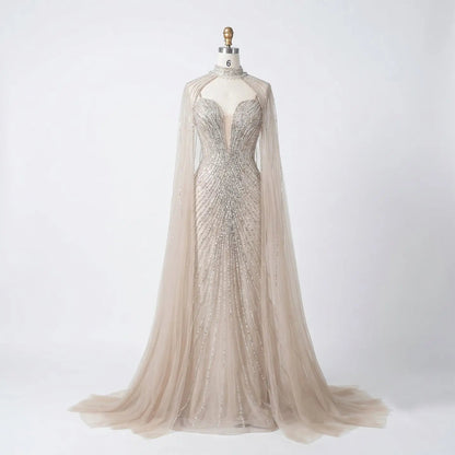 Lilac Sheer Cape Mermaid  Full Hand Beaded Evening Dress  SS114