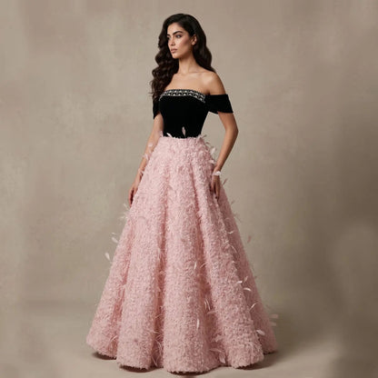 Luxury Black and Pink 3D Floral Feather Strapless Evening Dress SS721
