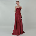 Luxury Wine Red Strapless Ruched Satin Evening Dress with Overskirt SF021