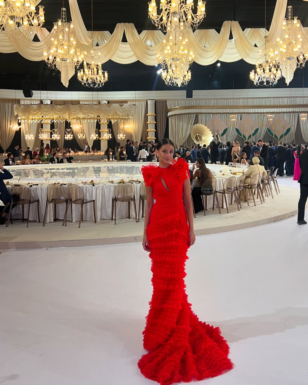 Luxury Red Ruffled Train Mermaid Evening Dress SF512