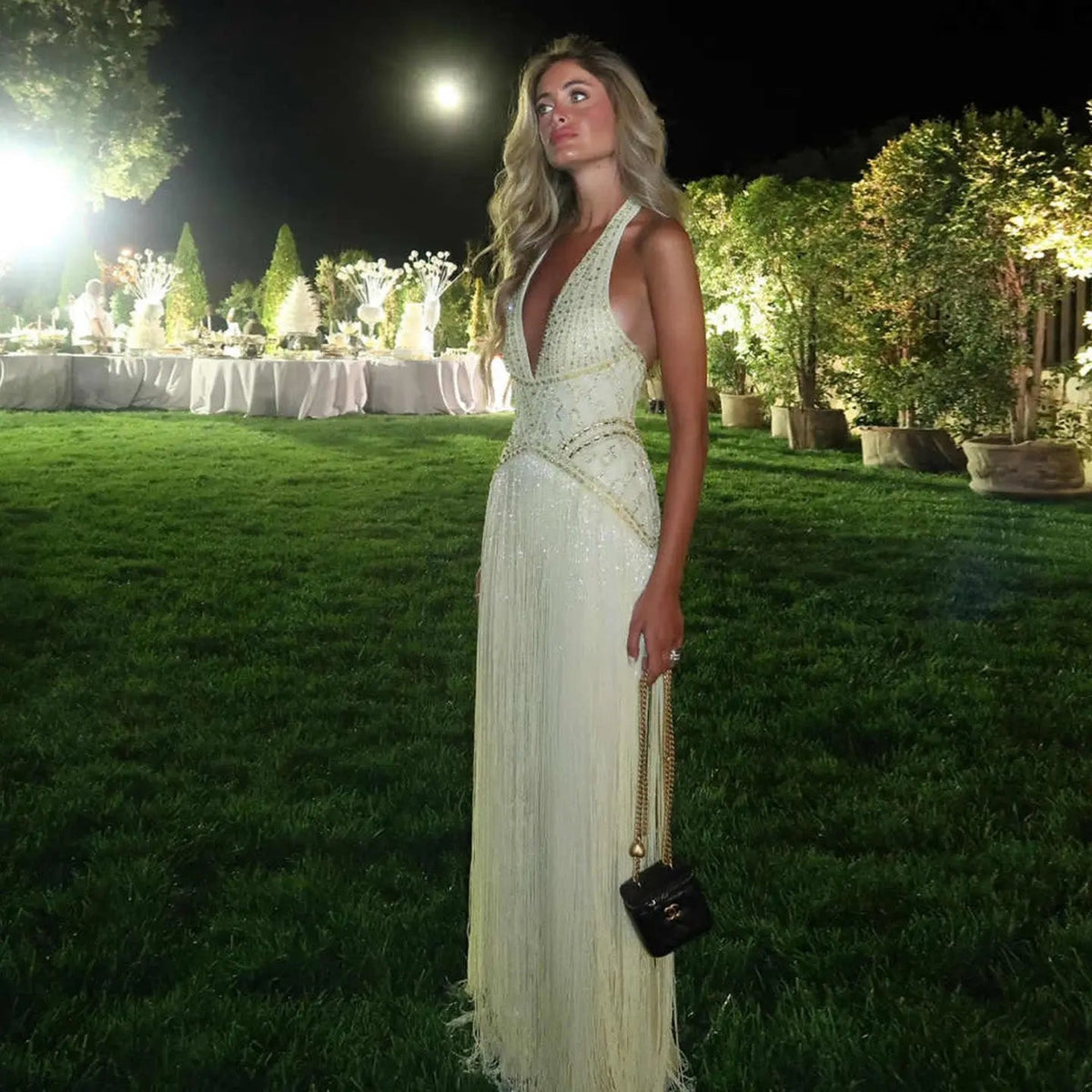 Exquisite Yellow Beaded Halter Neck Deep V Gala Evening Dress SS554