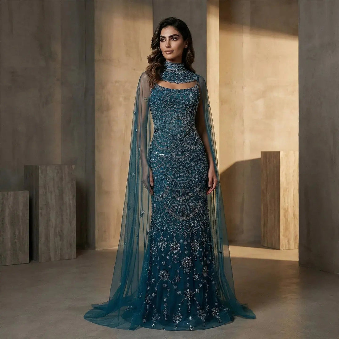 Luxury Teal Beaded Halter Neck Cape Mermaid Evening Dress SS028