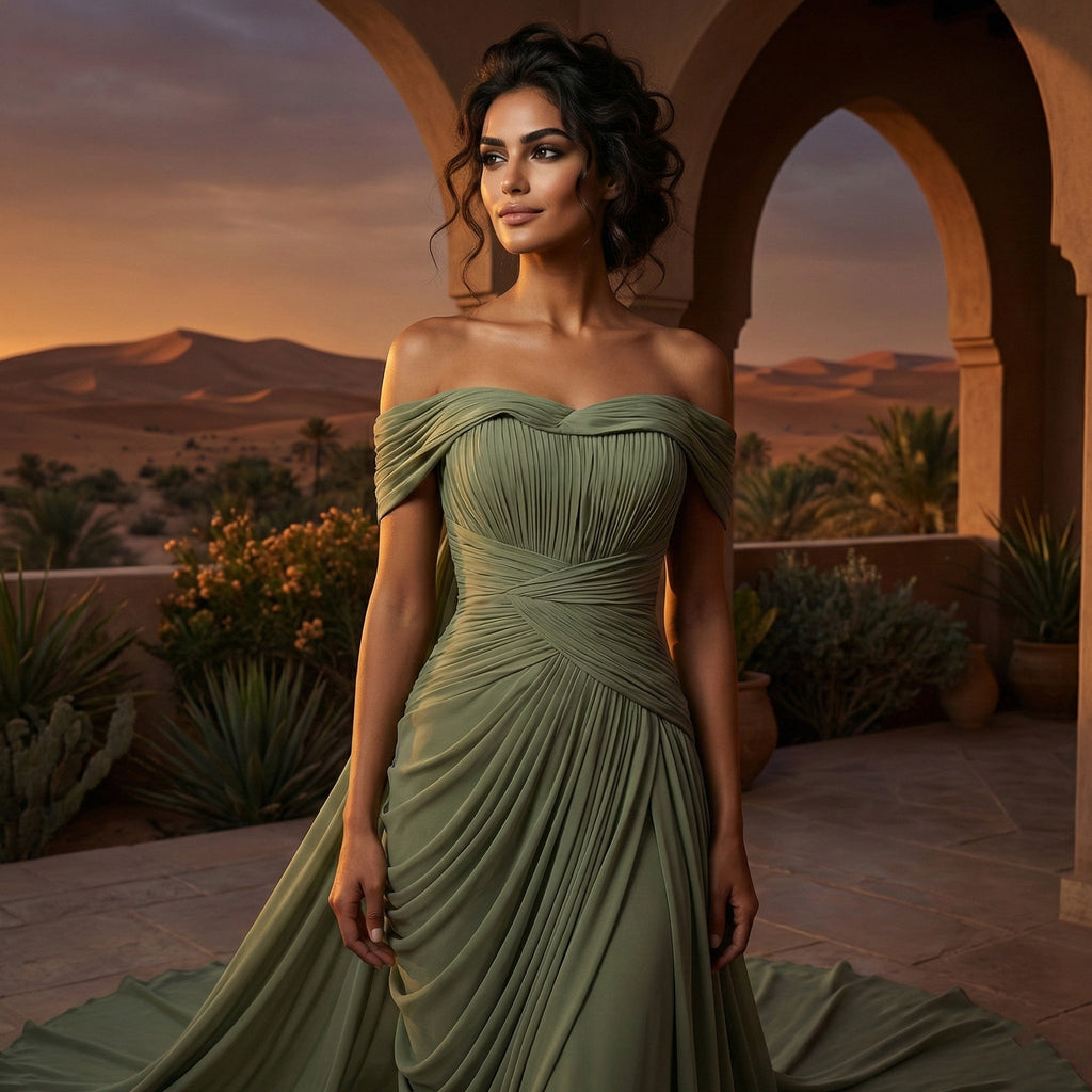 Luxury Green Off-the-Shoulder Ruched Fitted Evening Dress with Cap SF423