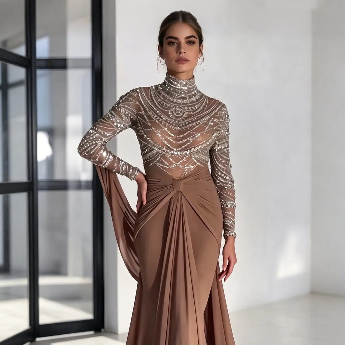 Glamorous Brown High Neck Beaded Evening Dress with Draped Skirt SS402