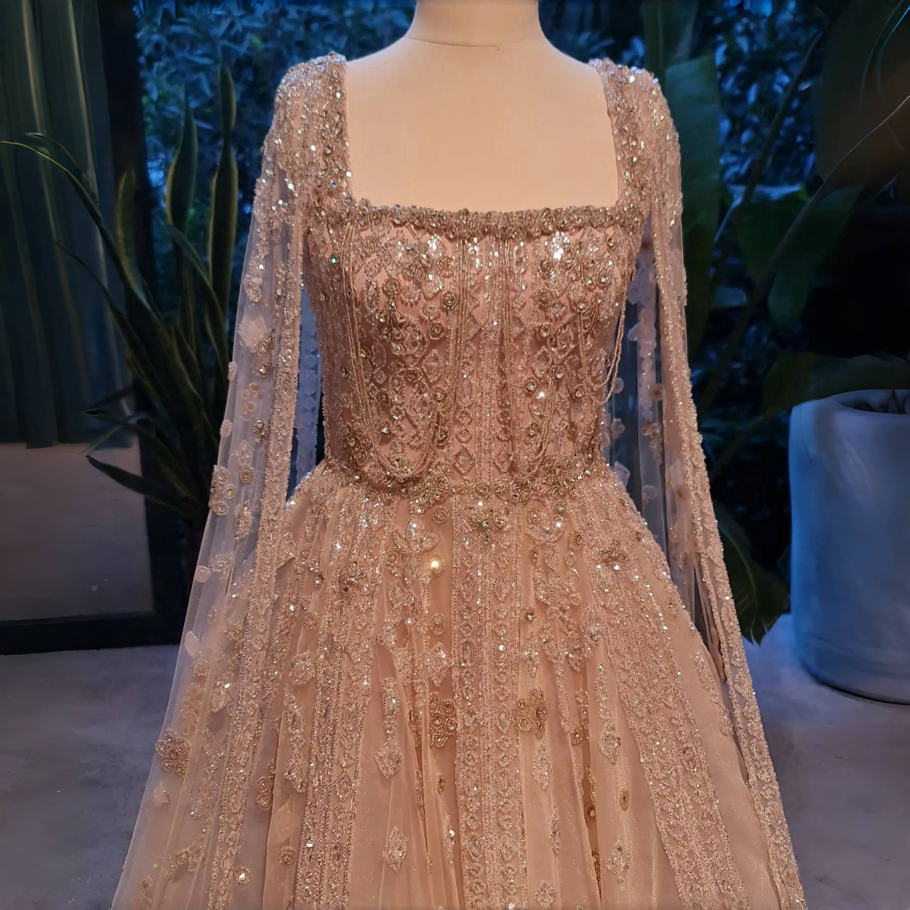 Luxury Beaded Burgundy Evening Dress with Cape Sleeve SS543