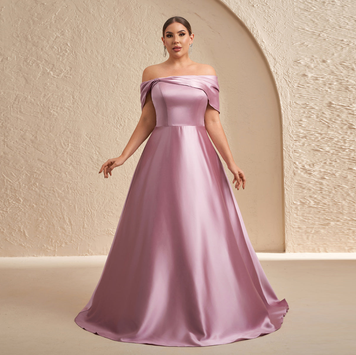 Elegant Pink Satin Off-Shoulder A-Line Evening Dress SF614