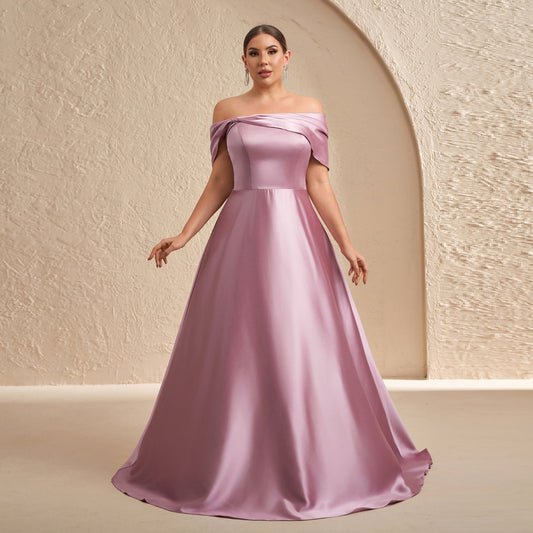 Elegant Pink Satin Off-Shoulder A-Line Evening Dress SF614