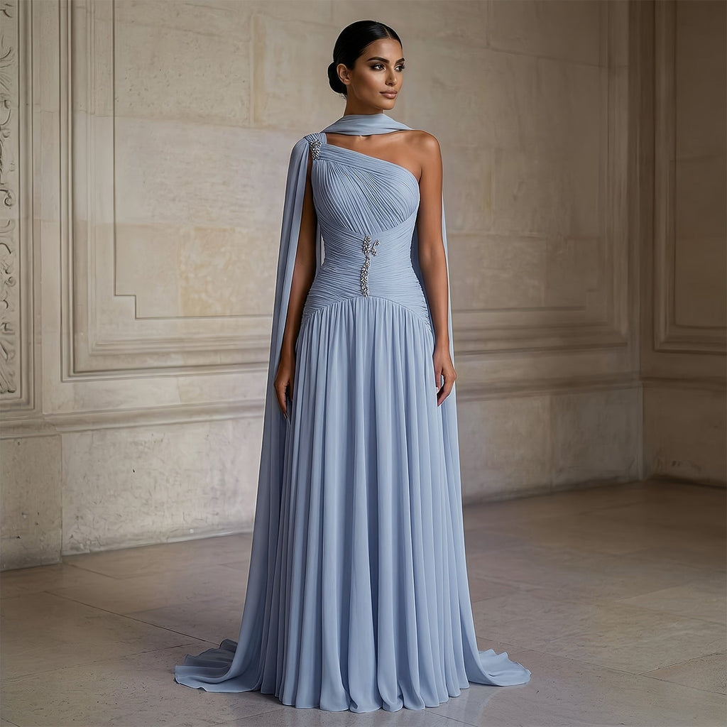 Elegant Gray Blue Beaded Ruched Chiffon Evening Dress with Capelet SF235A