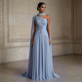 Elegant Gray Blue Beaded Ruched Chiffon Evening Dress with Capelet SF235A
