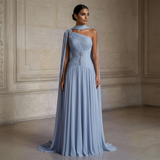 Elegant Gray Blue Beaded Ruched Chiffon Evening Dress with Capelet SF235A
