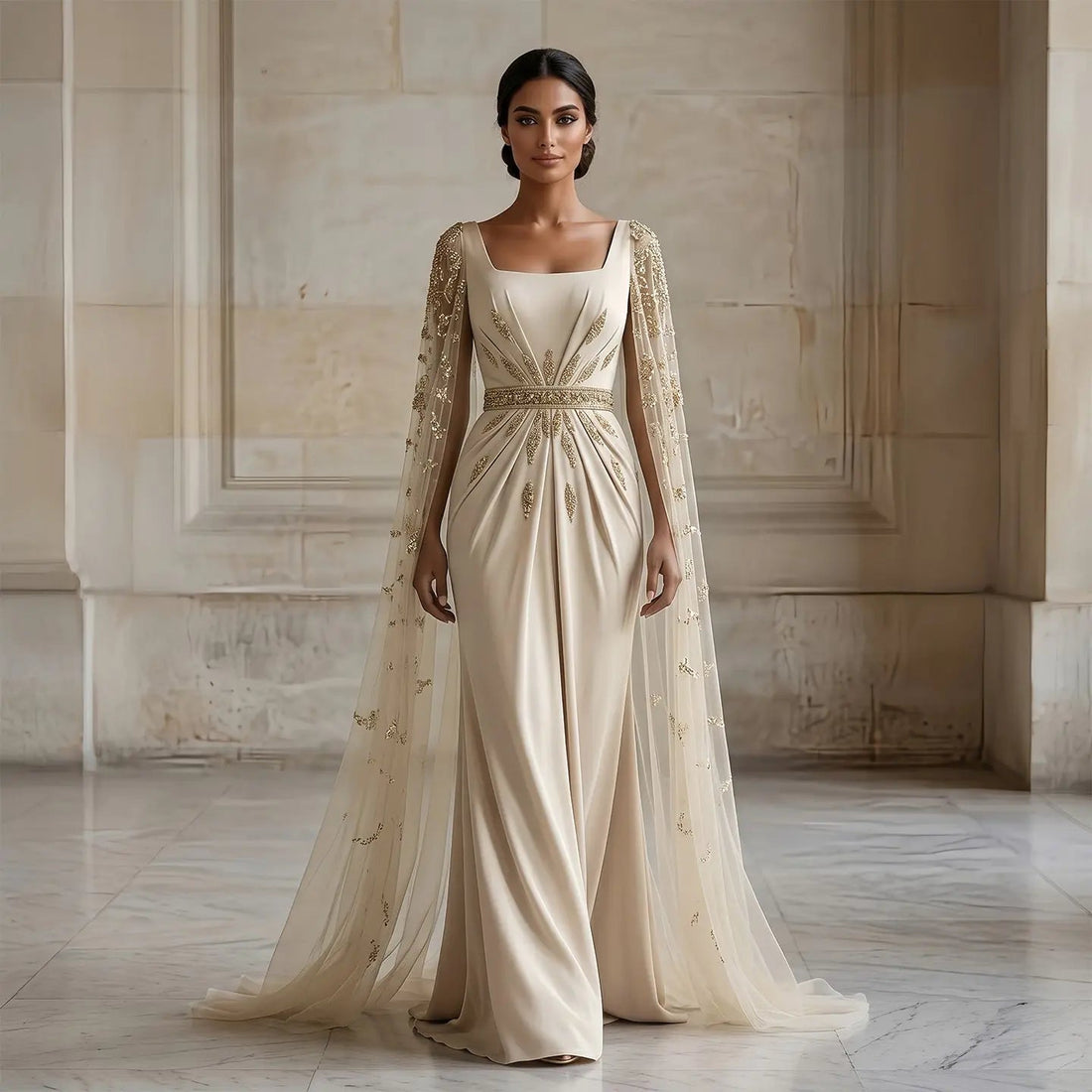 Luxury Champagne Square Neck Beaded Evening Dress with Cape Sleeve SS213
