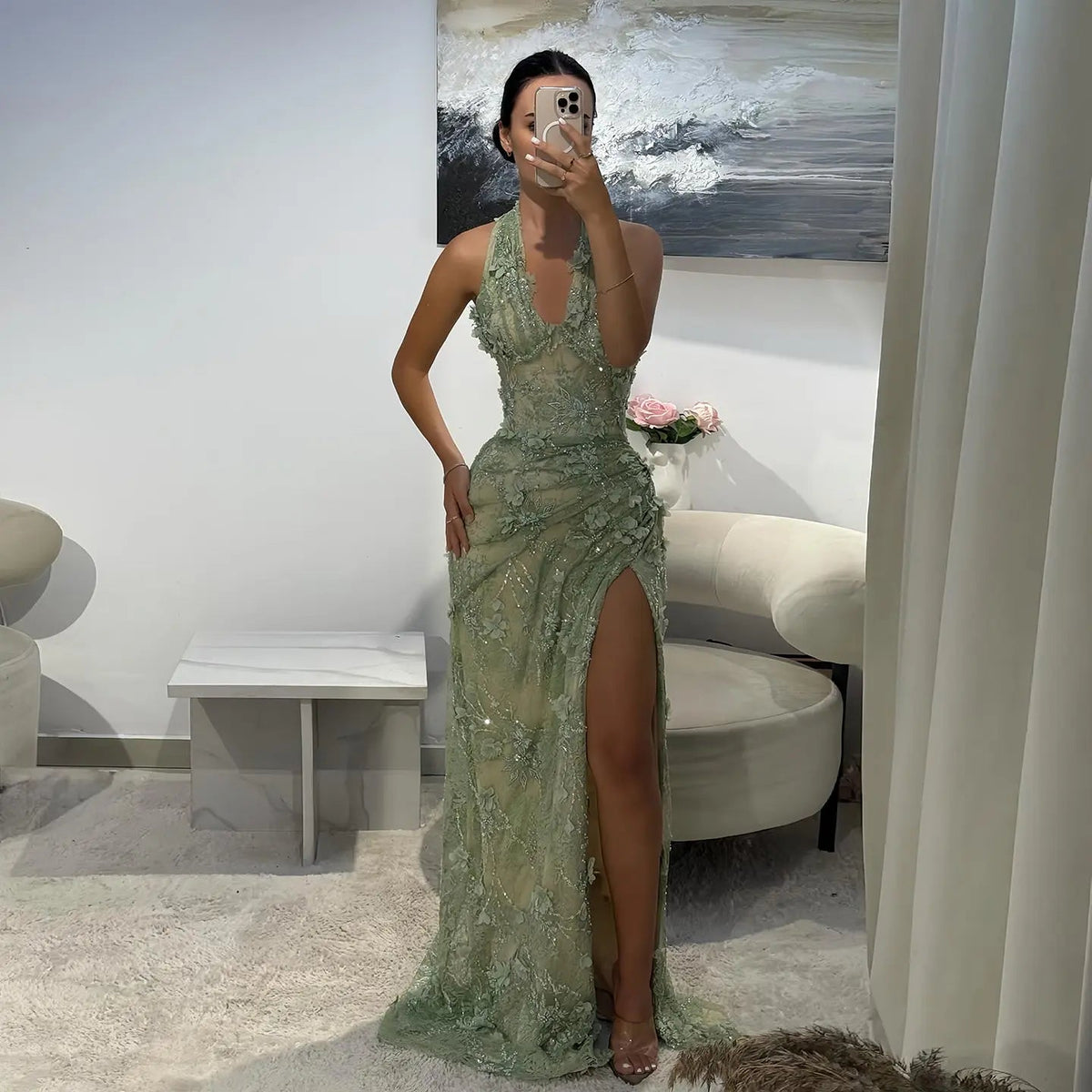 Glamorous Green Halter Lace Evening Dress with Slit SF521